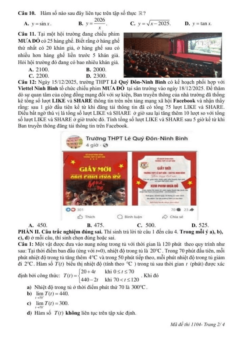 Đề thi Học kì 1 Toán 11 trường THPT Lê Quý Đôn (Ninh Bình) năm 2025-2026