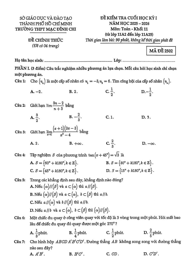 Đề thi Học kì 1 Toán 11 trường THPT Mạc Đĩnh Chi năm 2025-2026