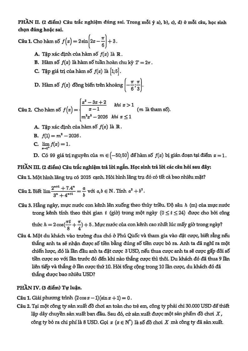 Đề thi Học kì 1 Toán 11 trường THPT Mạc Đĩnh Chi năm 2025-2026