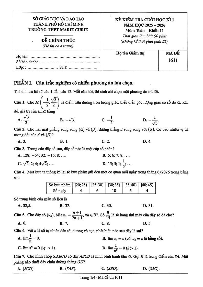 Đề thi Học kì 1 Toán 11 trường THPT Marie Curie năm 2025-2026