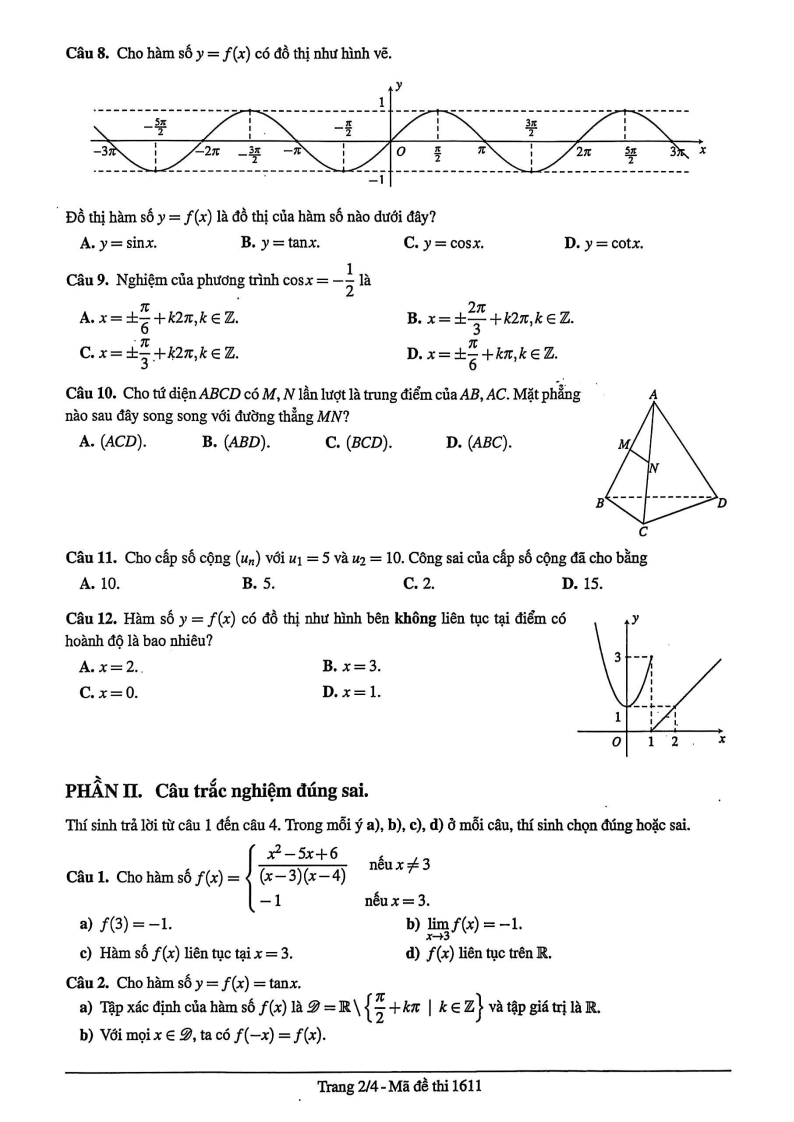 Đề thi Học kì 1 Toán 11 trường THPT Marie Curie năm 2025-2026