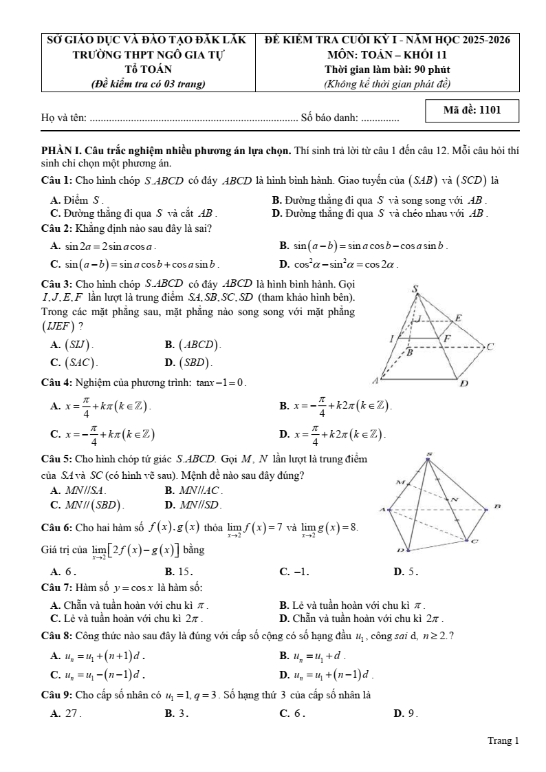 Đề thi Học kì 1 Toán 11 trường THPT Ngô Gia Tự (Đắk Lắk) năm 2025-2026