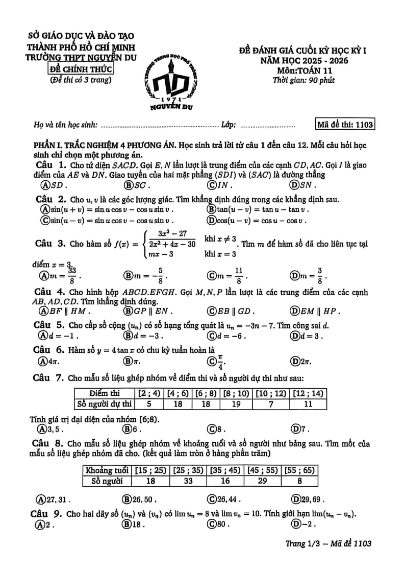 Đề thi Học kì 1 Toán 11 trường THPT Nguyễn Du năm 2025-2026