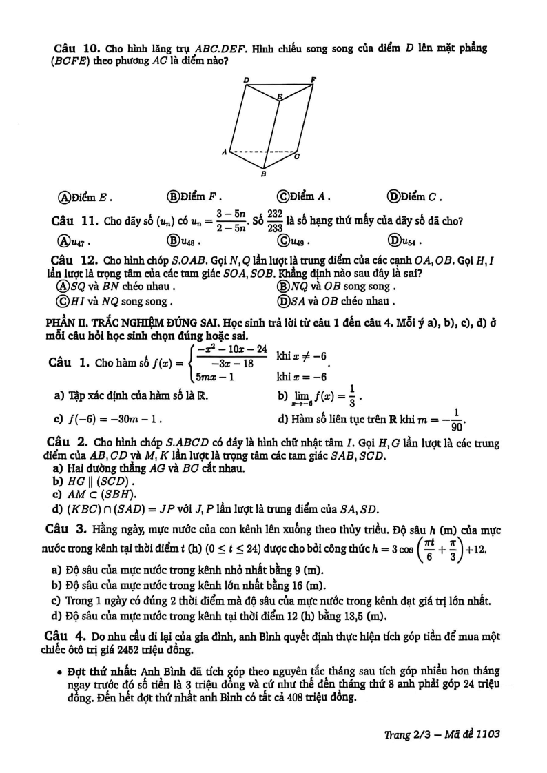 Đề thi Học kì 1 Toán 11 trường THPT Nguyễn Du năm 2025-2026