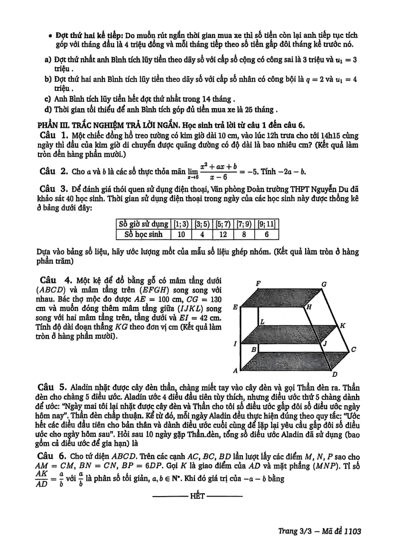 Đề thi Học kì 1 Toán 11 trường THPT Nguyễn Du năm 2025-2026