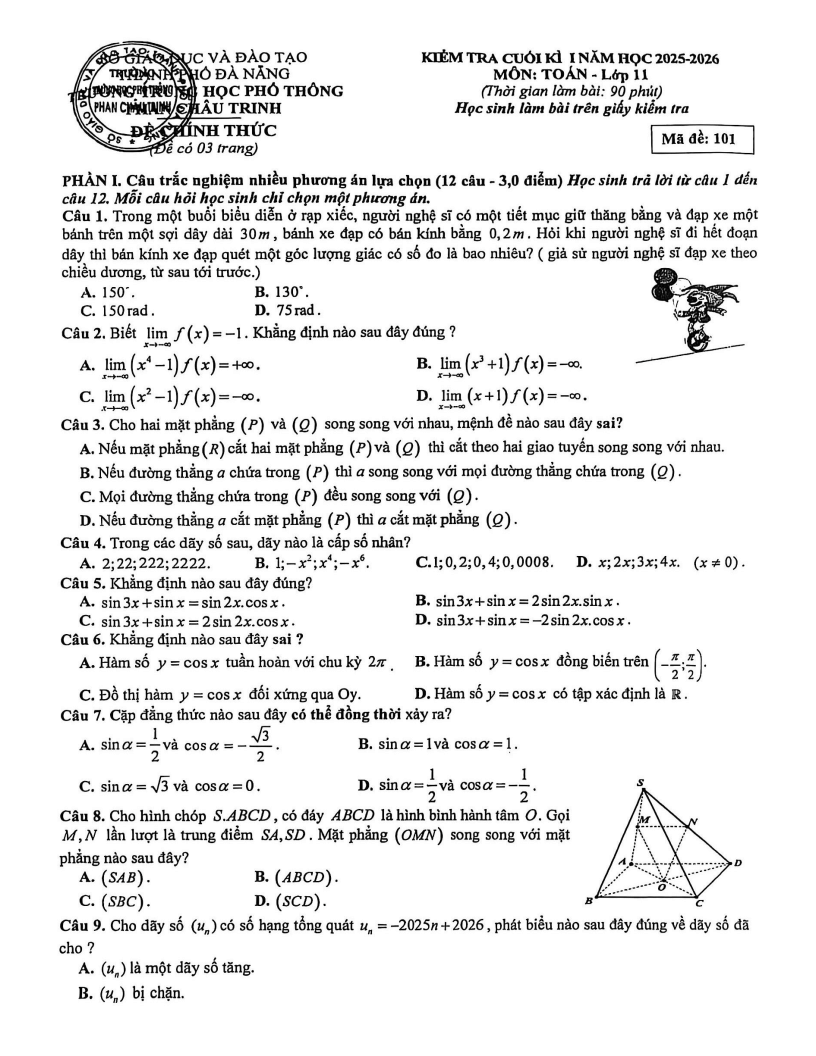 Đề thi Học kì 1 Toán 11 trường THPT Phan Châu Trinh (Đà Nẵng) năm 2025-2026