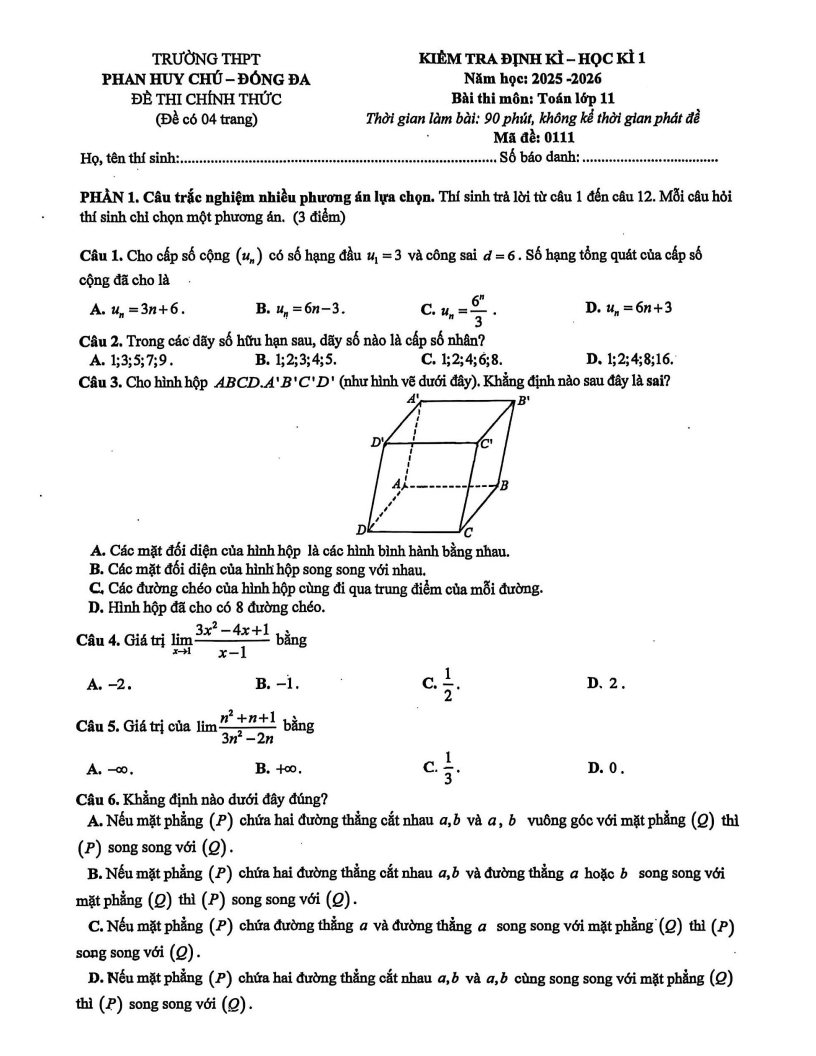 Đề thi Học kì 1 Toán 11 trường THPT Phan Huy Chú (Hà Nội) năm 2025-2026