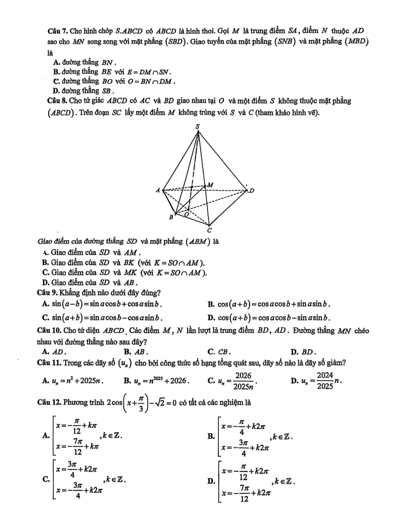 Đề thi Học kì 1 Toán 11 trường THPT Phan Huy Chú (Hà Nội) năm 2025-2026