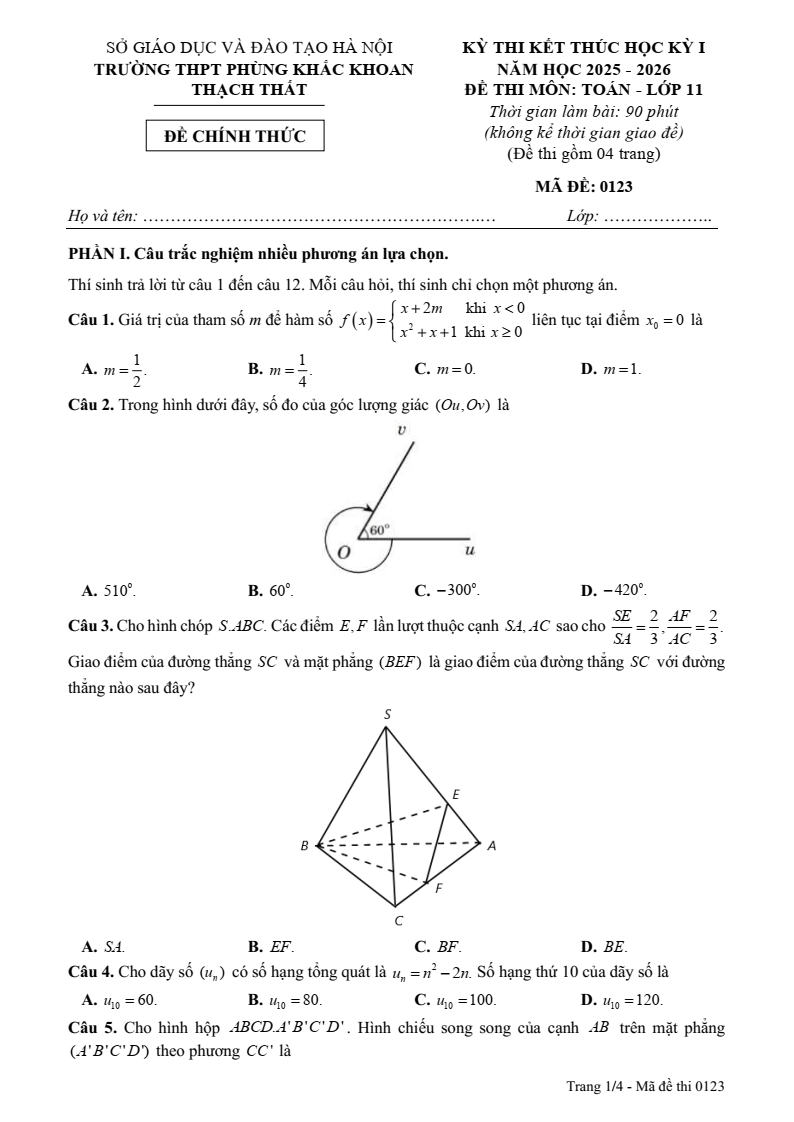 Đề thi Học kì 1 Toán 11 trường THPT Phùng Khắc Khoan năm 2025-2026