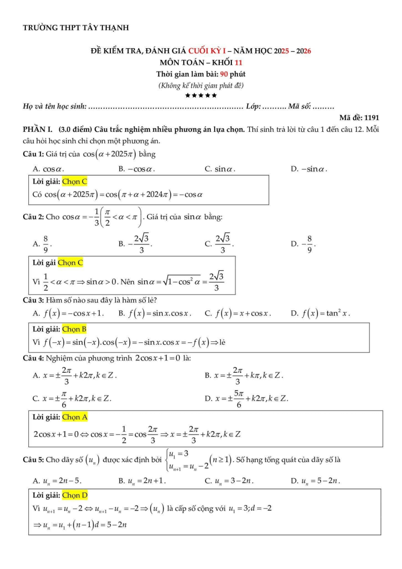 Đề thi Học kì 1 Toán 11 trường THPT Tây Thạnh năm 2025-2026