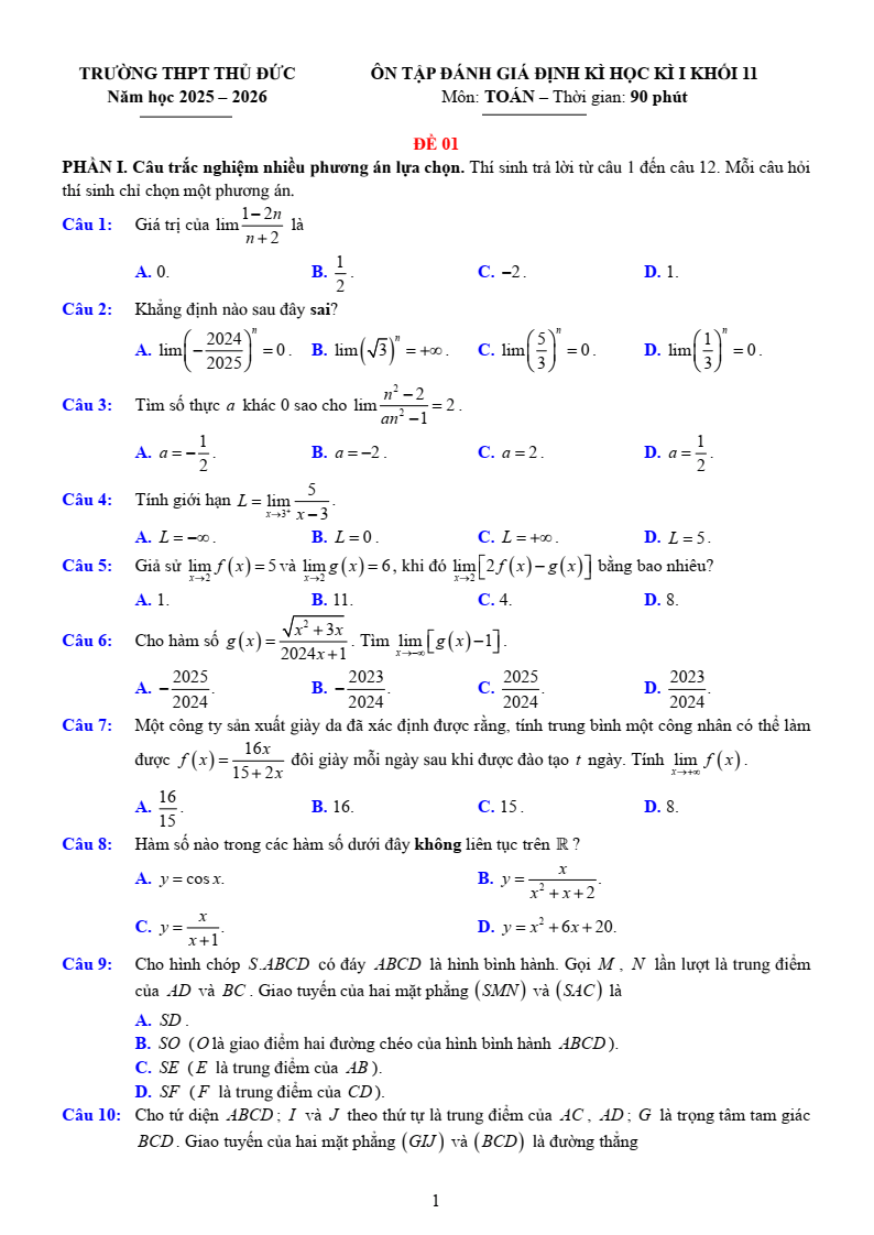 Đề thi Học kì 1 Toán 11 trường THPT Thủ Đức năm 2025-2026