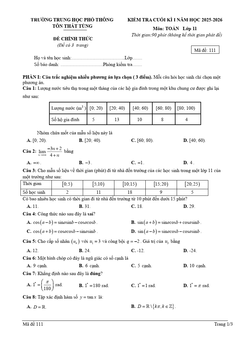 Đề thi Học kì 1 Toán 11 trường THPT Tôn Thất Tùng năm 2025-2026