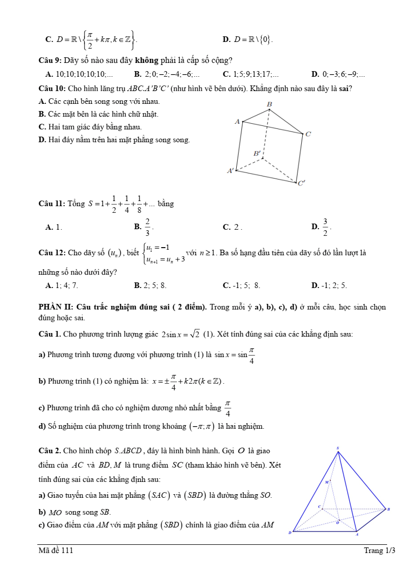 Đề thi Học kì 1 Toán 11 trường THPT Tôn Thất Tùng năm 2025-2026