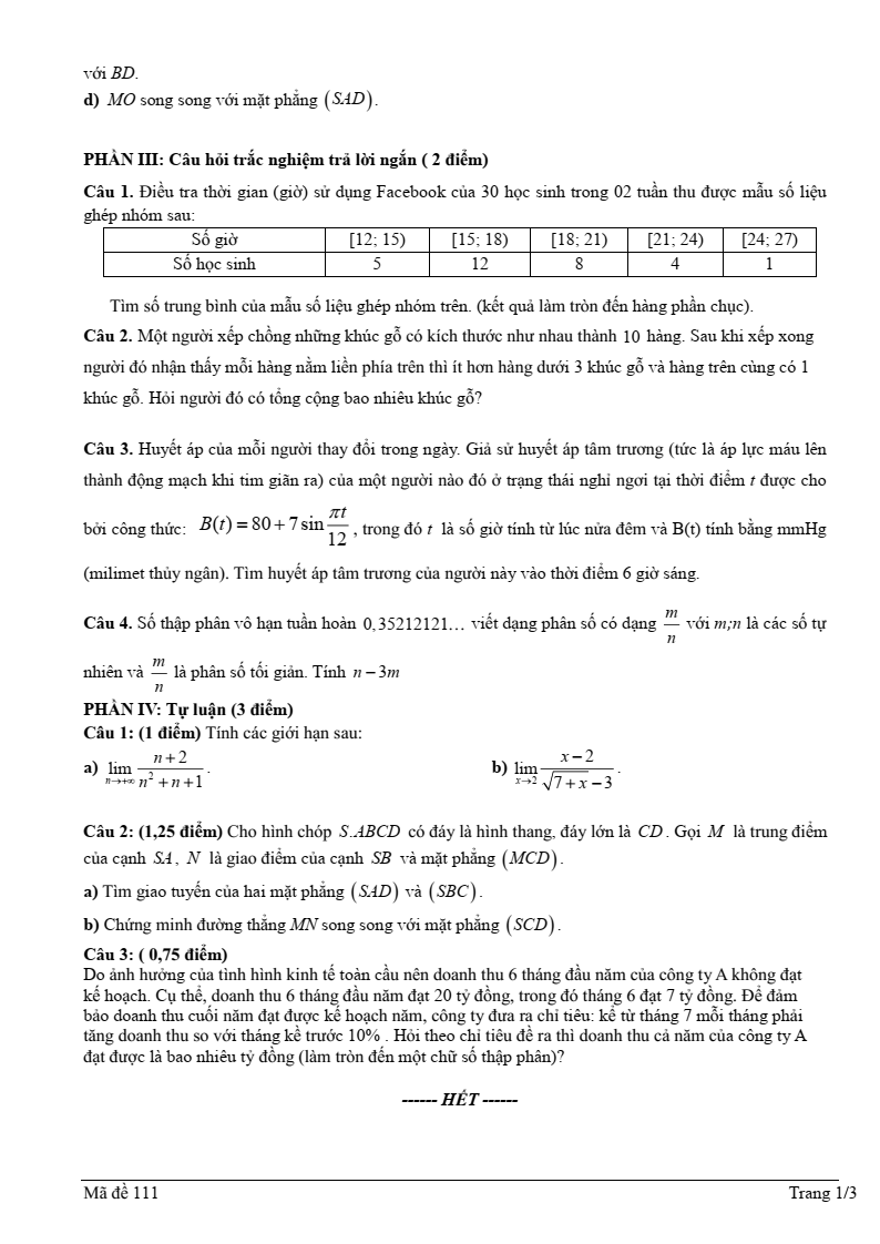 Đề thi Học kì 1 Toán 11 trường THPT Tôn Thất Tùng năm 2025-2026