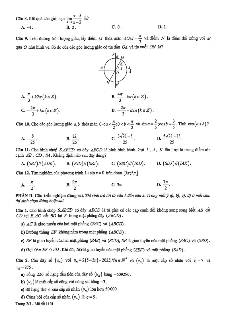 Đề thi Học kì 1 Toán 11 trường THPT Trần Khai Nguyên (Tp.HCM) năm 2025-2026