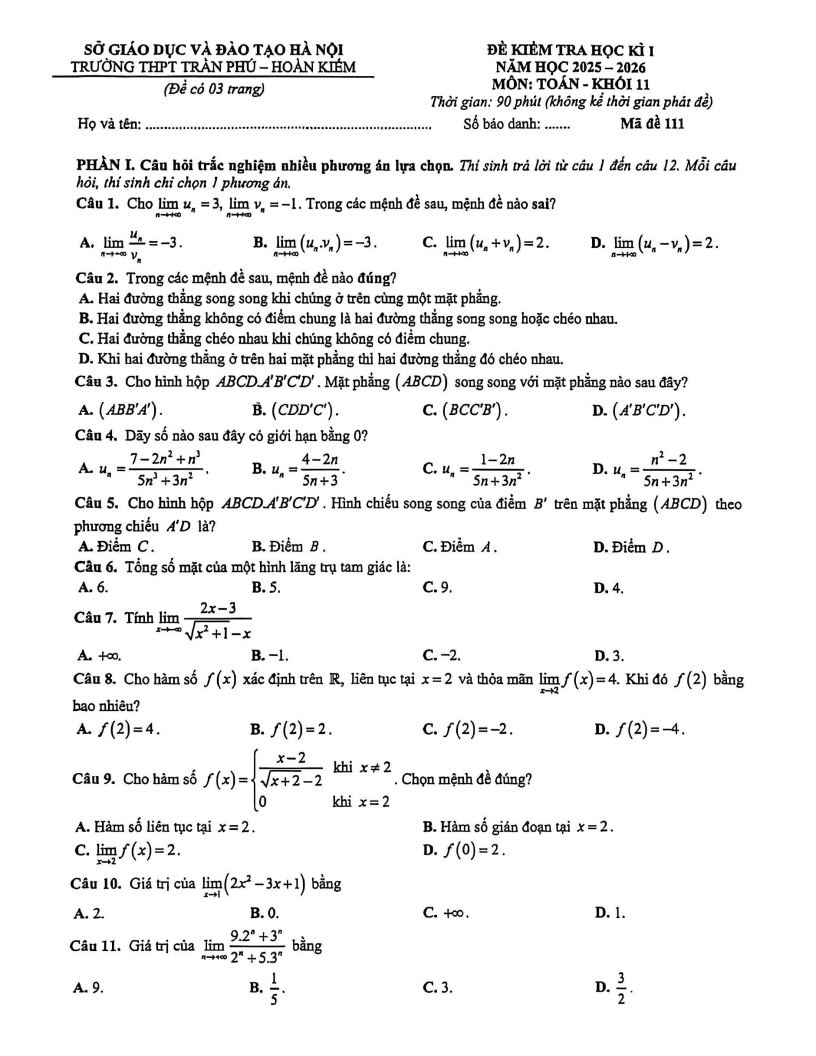 Đề thi Học kì 1 Toán 11 trường THPT Trần Phú năm 2025-2026