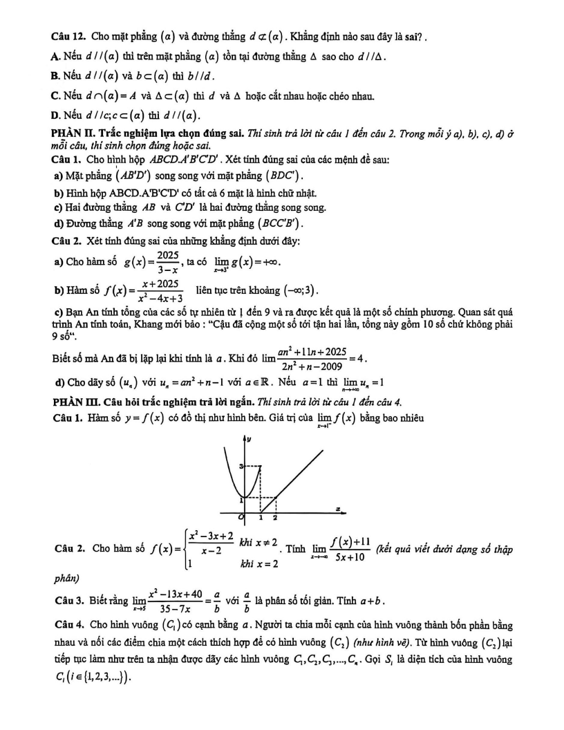 Đề thi Học kì 1 Toán 11 trường THPT Trần Phú năm 2025-2026