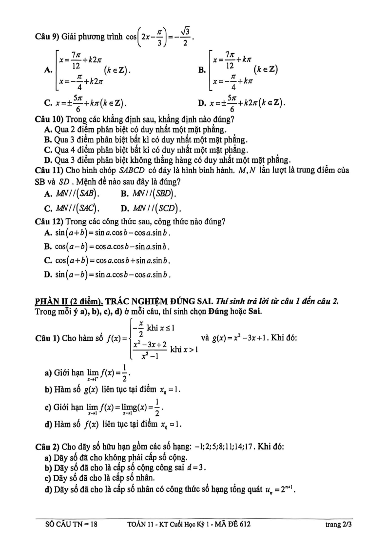 Đề thi Học kì 1 Toán 11 trường THPT Trường Chinh năm 2025-2026