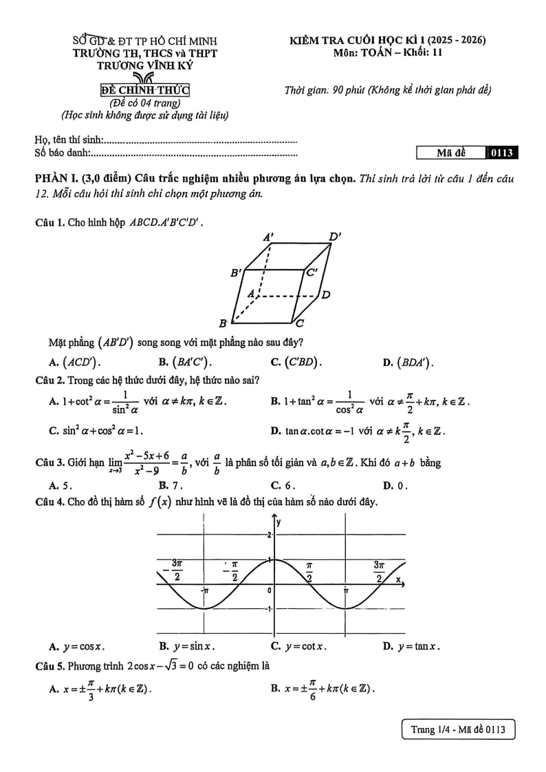 Đề thi Học kì 1 Toán 11 trường Trương Vĩnh Ký năm 2025-2026