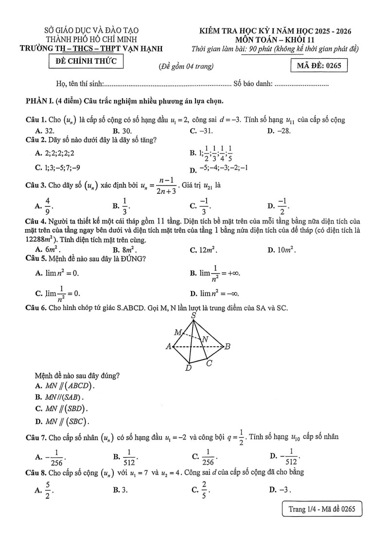 Đề thi Học kì 1 Toán 11 trường Vạn Hạnh năm 2025-2026