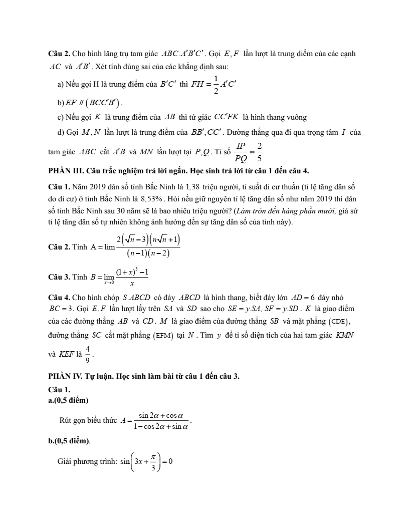 Đề thi Học kì 1 Toán 11 trường THPT Vạn Xuân (Hà Nội) năm 2025-2026