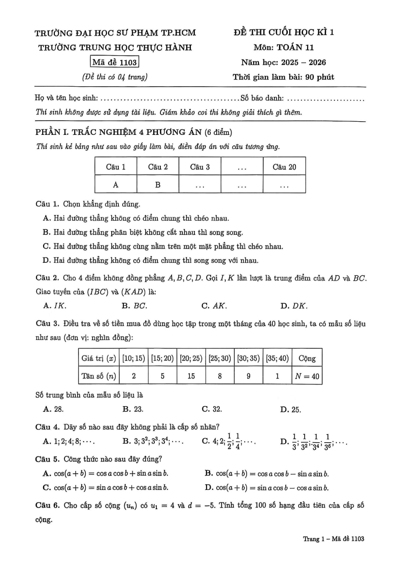 Đề thi Học kì 1 Toán 11 trường Trung học Thực hành ĐHSP năm 2025-2026