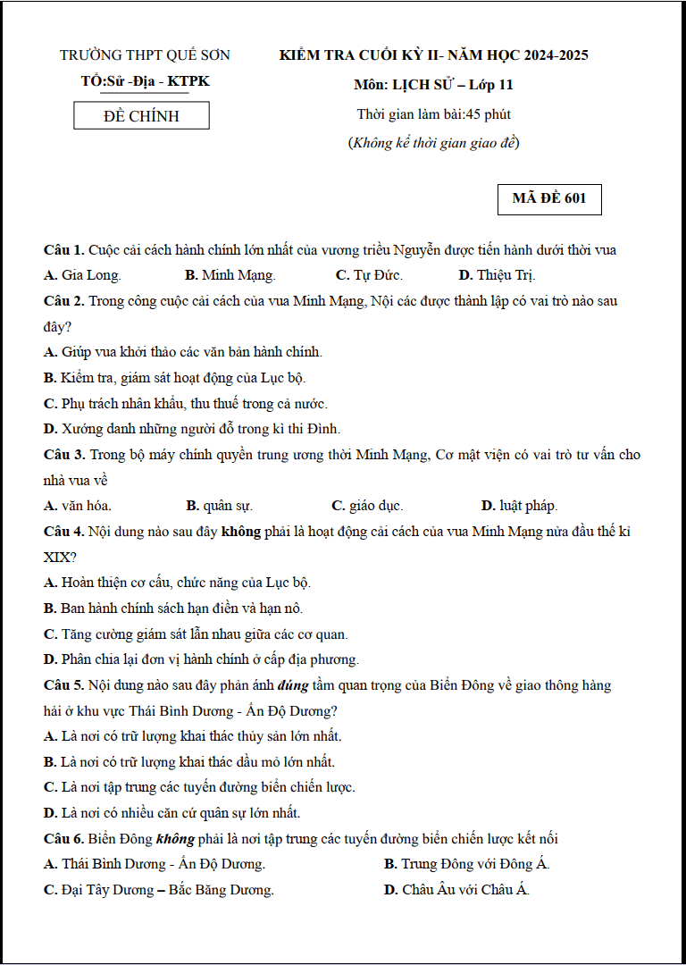 Đề thi Học kì 2 Lịch Sử 11 năm 2024-2025 trường THPT Quế Sơn (Quảng Nam)