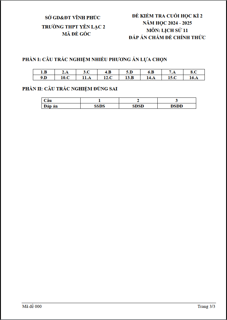 Đề thi Học kì 2 Lịch Sử 11 năm 2024-2025 trường THPT Yên Lạc 2 (Vĩnh Phúc)