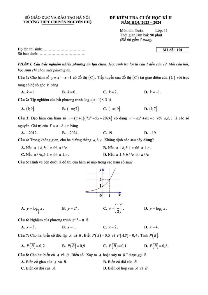 Đề thi Học kì 2 Toán 11 năm 2023-2024 trường chuyên Nguyễn Huệ (Hà Nội)