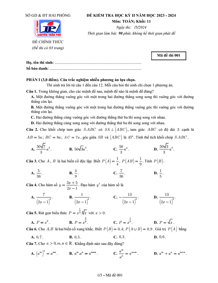 Đề thi Học kì 2 Toán 11 năm 2023-2024 trường chuyên Trần Phú (Hải Phòng)