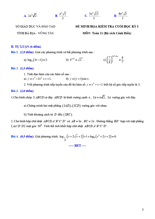 Đề thi Học kì 2 Toán 11 năm 2023-2024 sở GD&ĐT Bà Rịa – Vũng Tàu