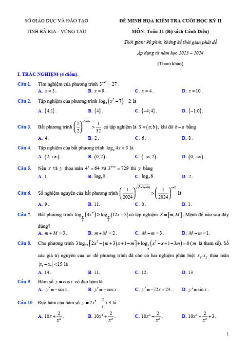 Đề thi Học kì 2 Toán 11 năm 2023-2024 sở GD&ĐT Bà Rịa – Vũng Tàu