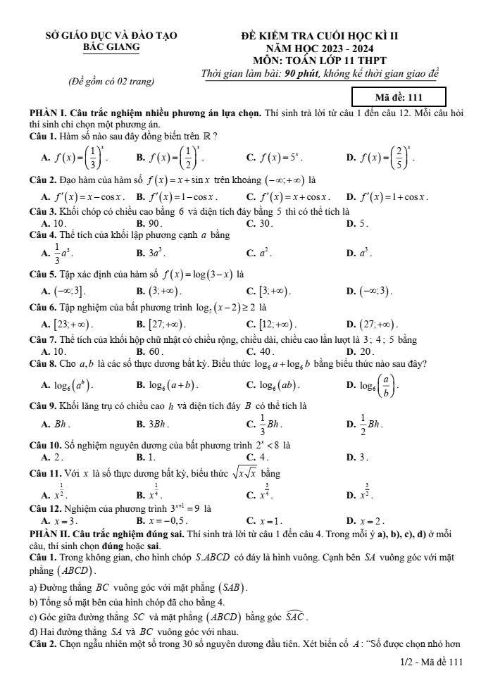 Đề thi Học kì 2 Toán 11 năm 2023-2024 sở GD&ĐT Bắc Giang