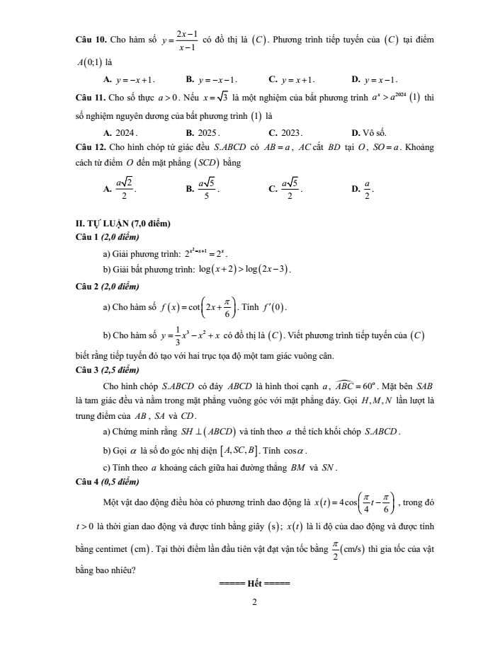 Đề thi Học kì 2 Toán 11 năm 2023-2024 sở GD&ĐT Bắc Ninh