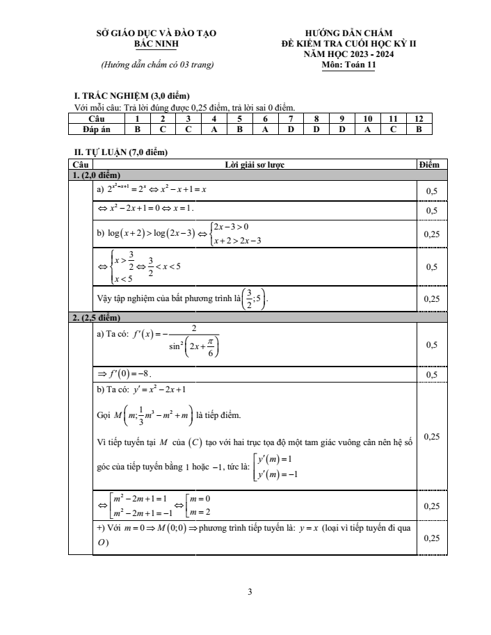 Đề thi Học kì 2 Toán 11 năm 2023-2024 sở GD&ĐT Bắc Ninh