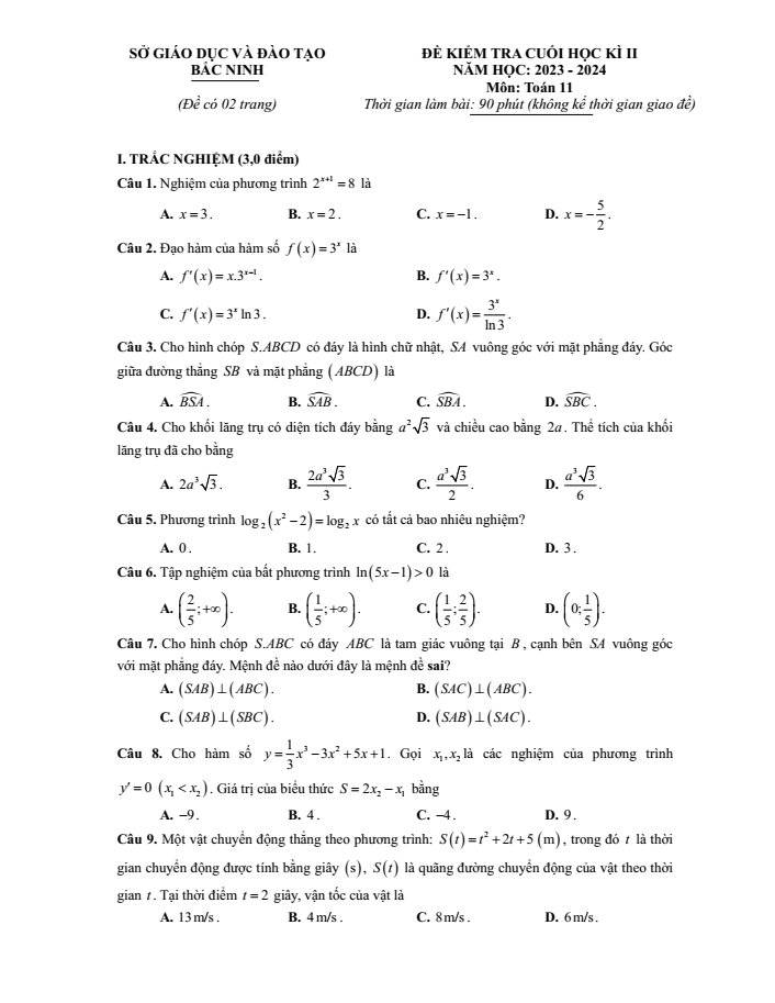 Đề thi Học kì 2 Toán 11 năm 2023-2024 sở GD&ĐT Bắc Ninh