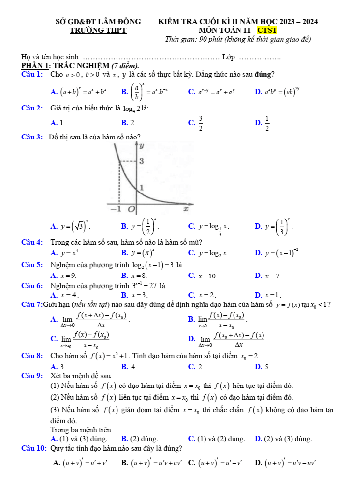 Đề thi Học kì 2 Toán 11 năm 2023-2024 sở GD&ĐT Lâm Đồng