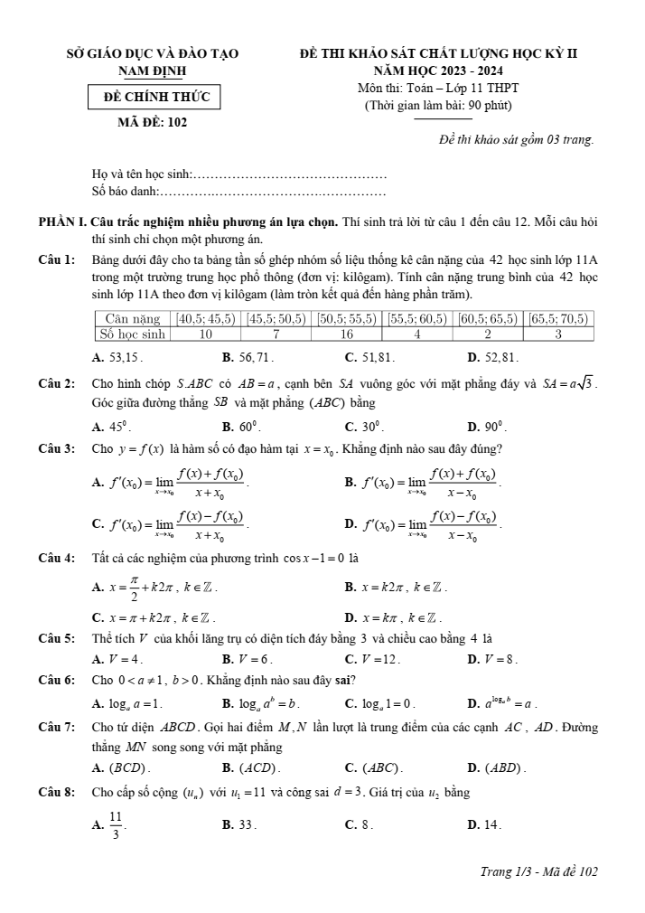 Đề thi Học kì 2 Toán 11 năm 2023-2024 sở GD&ĐT Nam Định