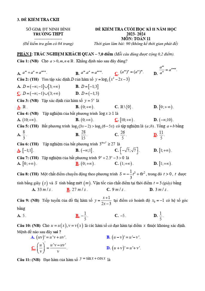 Đề thi Học kì 2 Toán 11 năm 2023-2024 sở GD&ĐT Ninh Bình