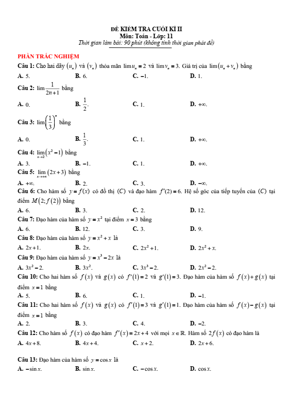 Đề thi Học kì 2 Toán 11 năm 2023-2024 sở GD&ĐT Thanh Hóa