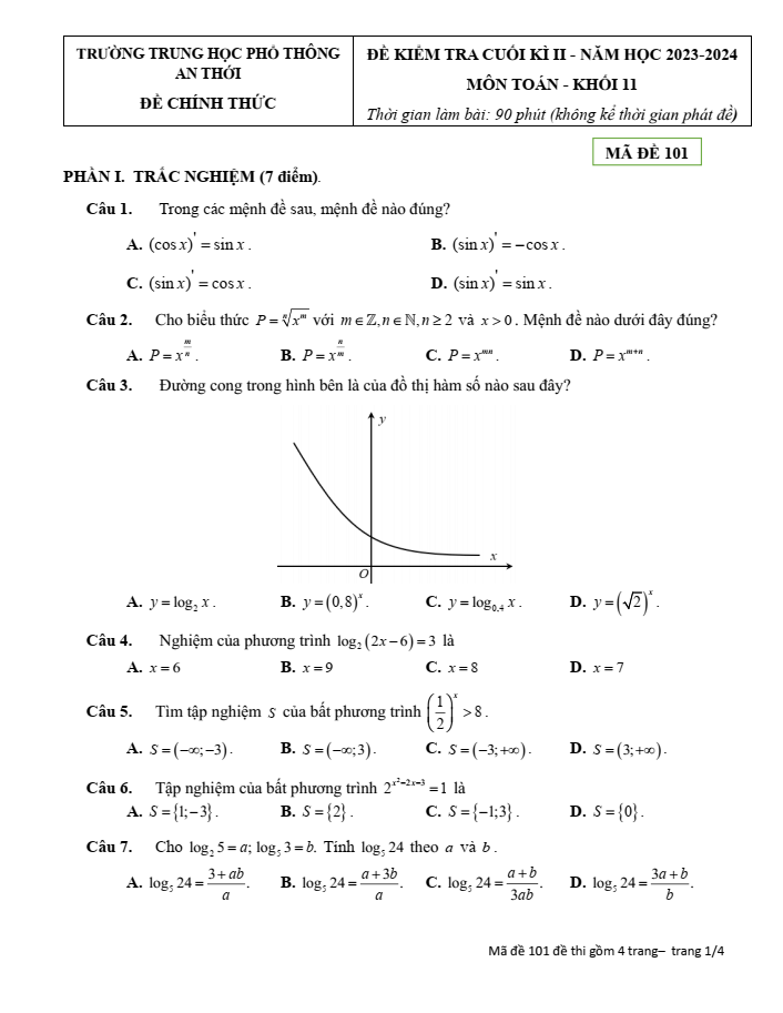 Đề thi Học kì 2 Toán 11 năm 2023-2024 trường THPT An Thới (Bến Tre)