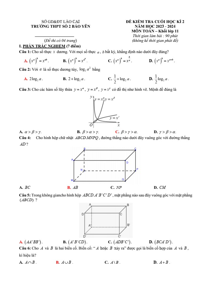 Đề thi Học kì 2 Toán 11 năm 2023-2024 THPT Bảo Yên 2 (Lào Cai)