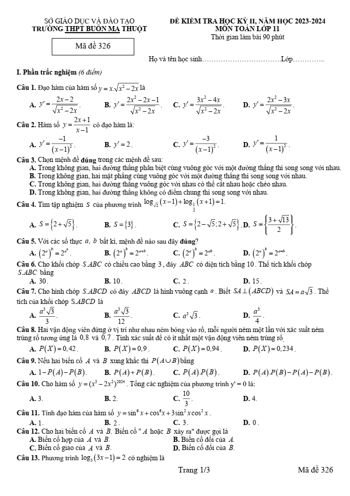 Đề thi Học kì 2 Toán 11 năm 2023-2024 trường THPT Buôn Ma Thuột (Đắk Lắk)