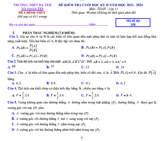 Đề thi Học kì 2 Toán 11 năm 2023-2024 trường THPT Đạ Tẻh (Lâm Đồng)