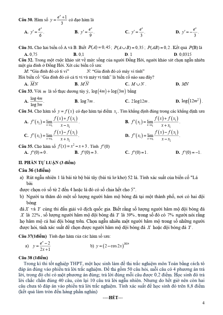 Đề thi Học kì 2 Toán 11 năm 2023-2024 trường THPT Đào Duy Từ (Quảng Bình)