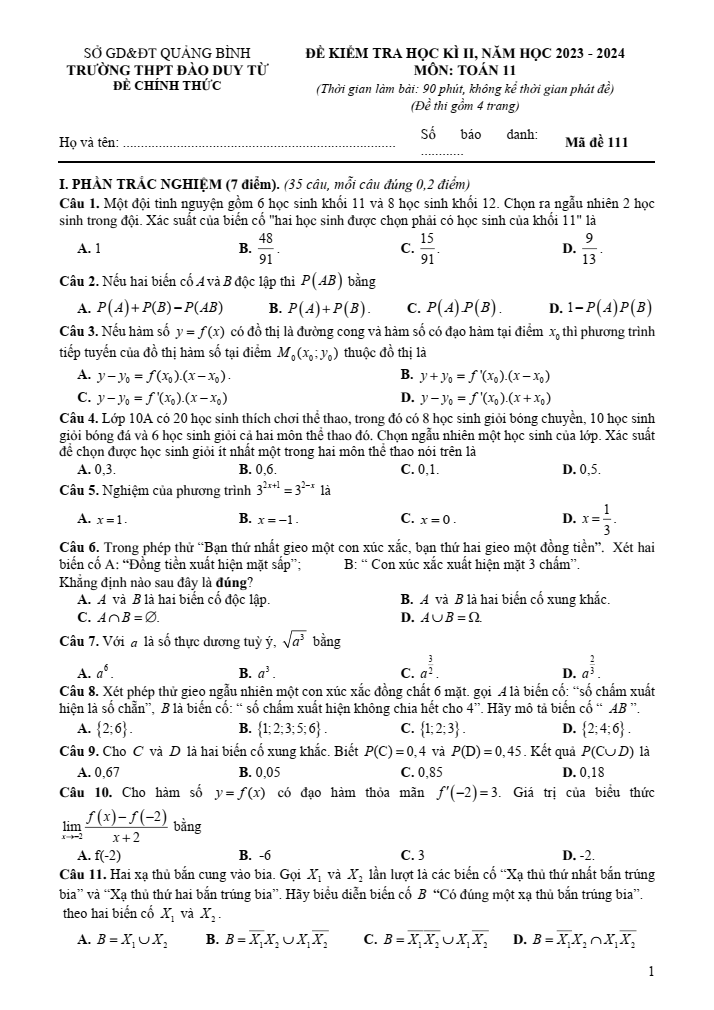 Đề thi Học kì 2 Toán 11 năm 2023-2024 trường THPT Đào Duy Từ (Quảng Bình)