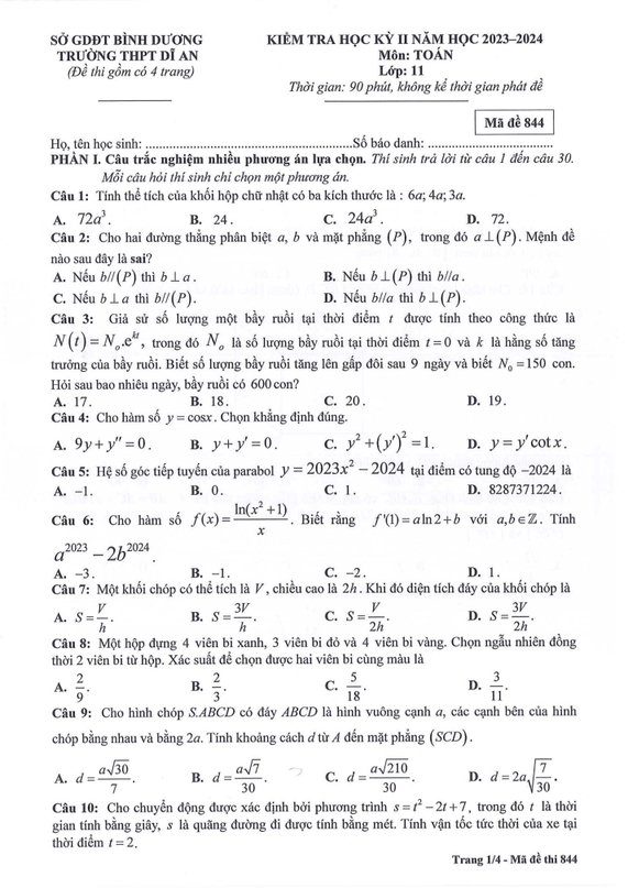 Đề thi Học kì 2 Toán 11 năm 2023-2024 trường THPT Dĩ An (Bình Dương)