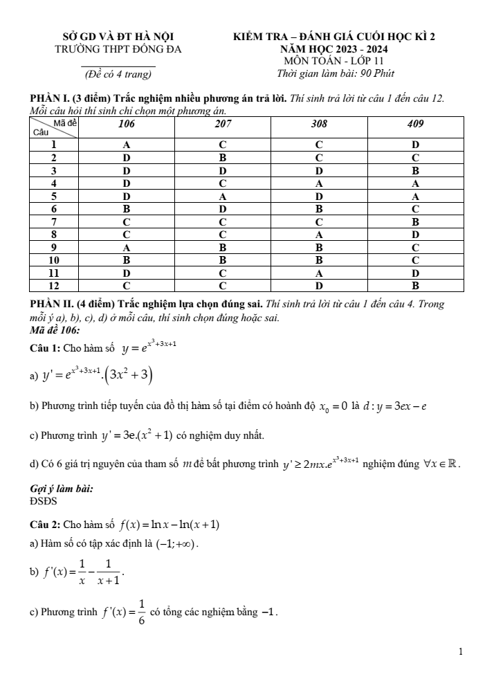 Đề thi Học kì 2 Toán 11 năm 2023-2024 trường THPT Đống Đa (Hà Nội)