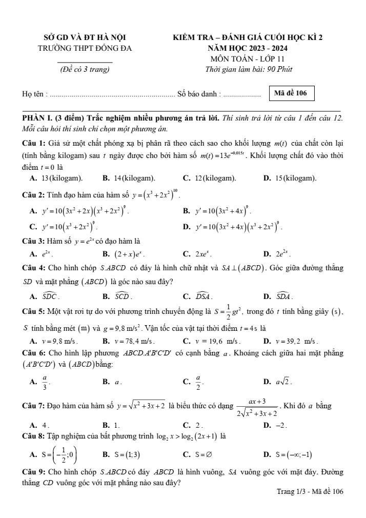 Đề thi Học kì 2 Toán 11 năm 2023-2024 trường THPT Đống Đa (Hà Nội)