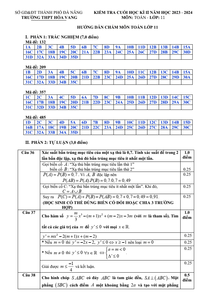 Đề thi Học kì 2 Toán 11 năm 2023-2024 trường THPT Hòa Vang (Đà Nẵng)